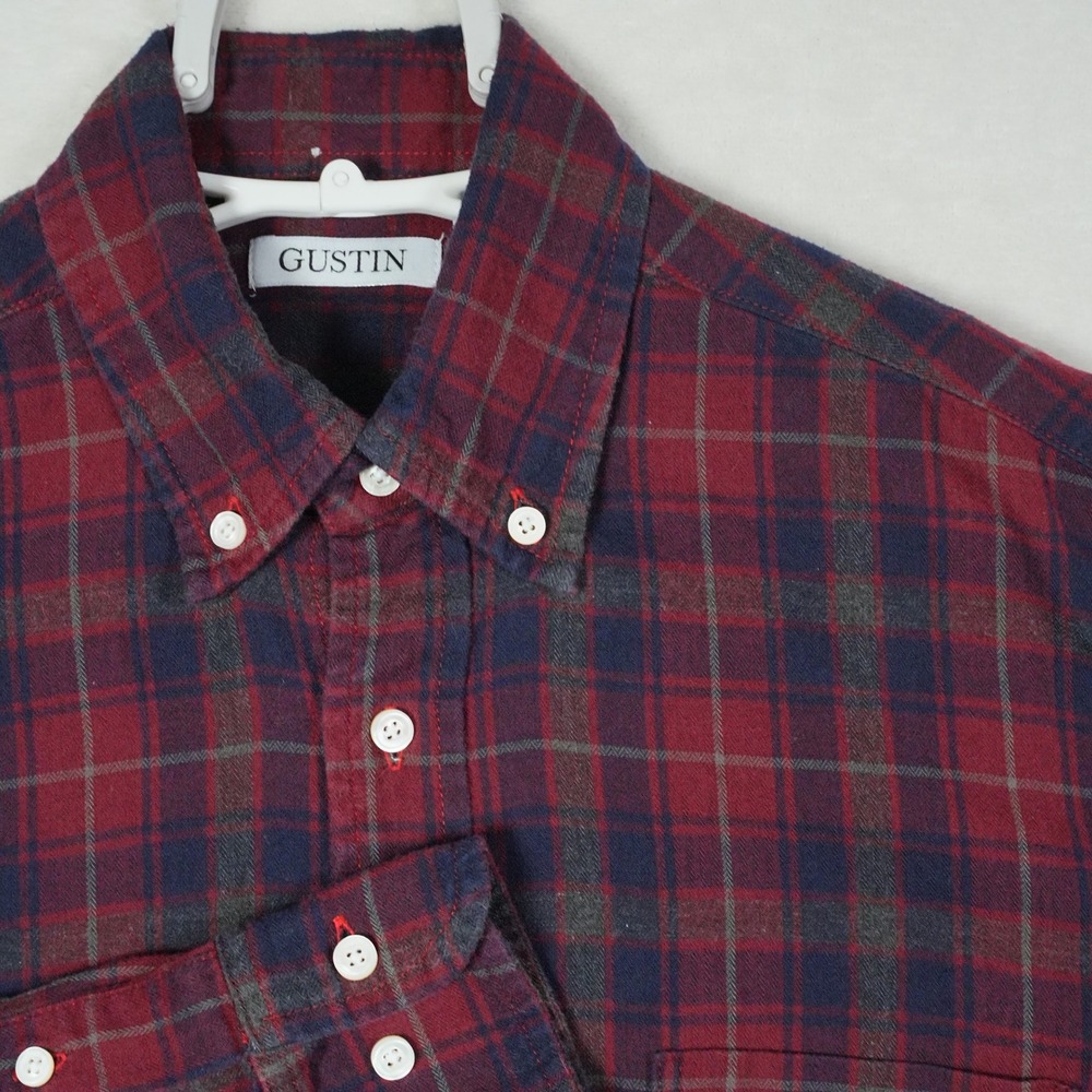 Gustin Mens Plaid Flannel‎ Shirt Burgundy Navy Blue Cotton Made in USA Size M